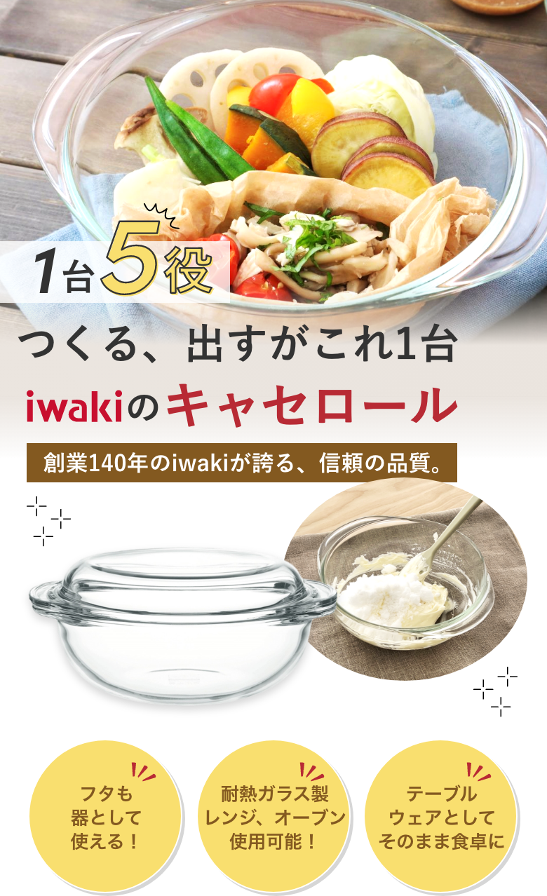 1台5役 忙しいあなたに贈る、iwakiのサラダスピナー 創業140年のiwakiが誇る、信頼の品質。 水切りでおいしいサラダづくり・耐熱ガラス製レンジ、オーブン使用可能！・テーブルウェアとしてそのまま食卓に